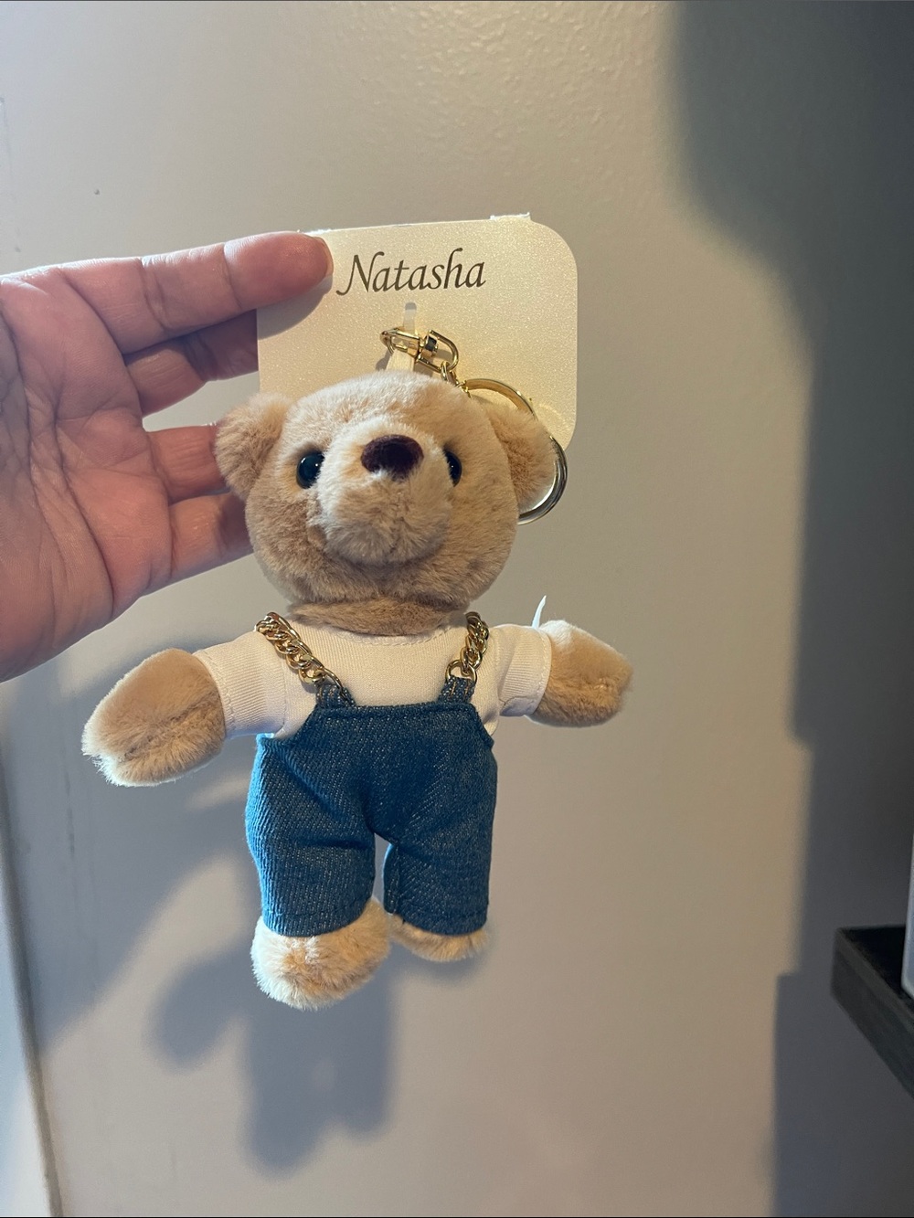 Natasha Couture Beige Plush Bear Keychain with Blue Overalls and White Shirt